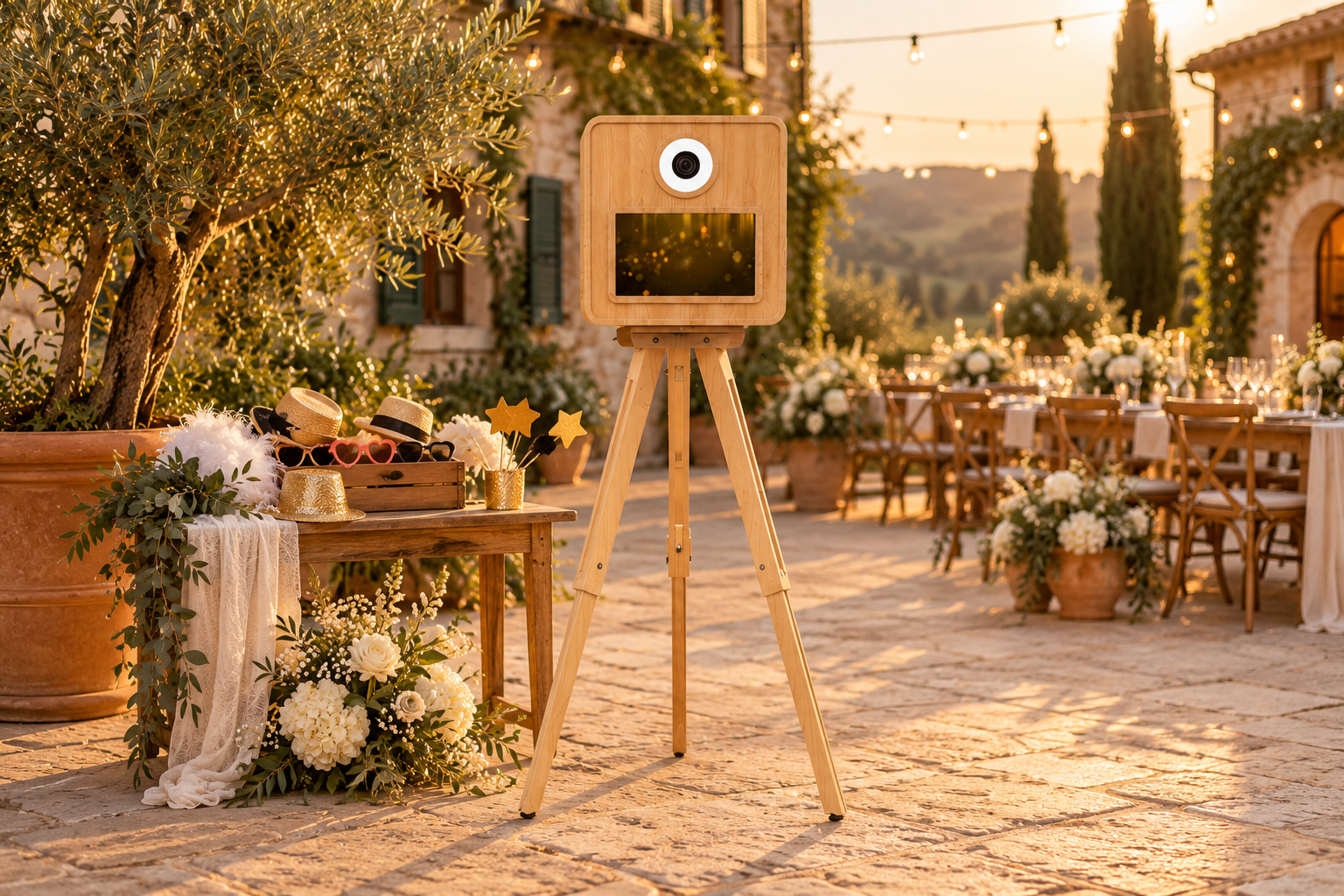 Immagine illustrativa del photobooth in legno presso una villa italiana