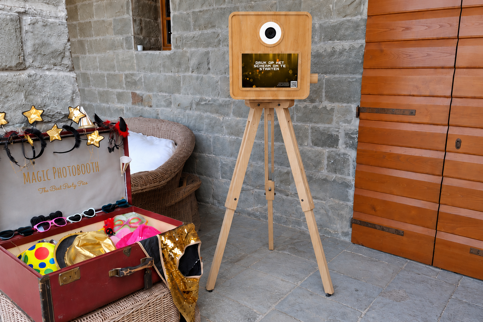 Photobooth in legno al chiuso con accessori per la festa